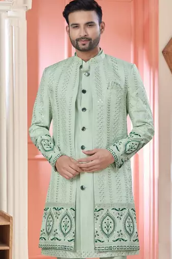 Pista art silk embroidery kurta pyjama with sequence work long jacket indo western for mens wear