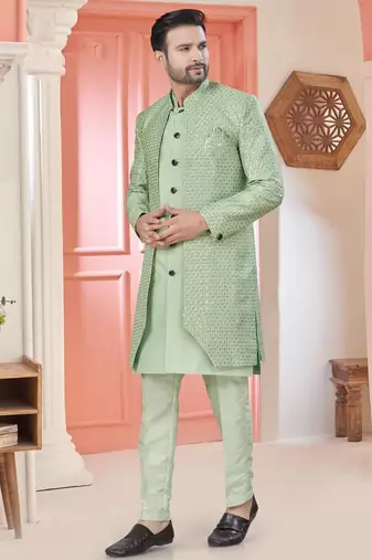Green art silk embroidery kurta pyjama with sequence work long jacket indo western for mens wear