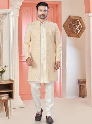 Peach art silk embroidery kurta pyjama with sequence work long jacket indo western for mens wear 2