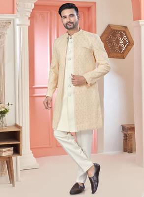 Peach art silk embroidery kurta pyjama with sequence work long jacket indo western for mens wear 3