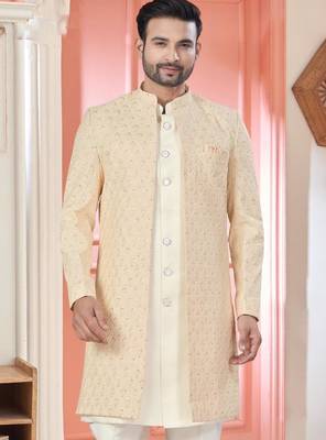 Peach art silk embroidery kurta pyjama with sequence work long jacket indo western for mens wear 1