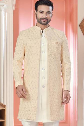 Peach art silk embroidery kurta pyjama with sequence work long jacket indo western for mens wear