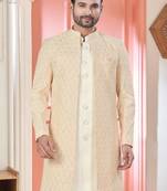 Peach art silk embroidery kurta pyjama with sequence work long jacket indo western for mens wear