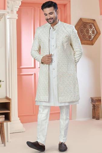 White art silk embroidery kurta pyjama with sequence work long jacket indo western for mens wear