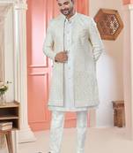 White art silk embroidery kurta pyjama with sequence work long jacket indo western for mens wear