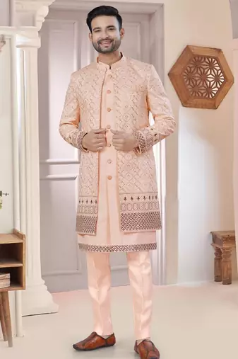 Peach art silk embroidery kurta pyjama with sequence work long jacket indo western for mens wear
