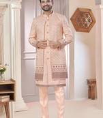 Peach art silk embroidery kurta pyjama with sequence work long jacket indo western for mens wear