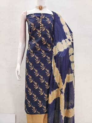 Blue printed cotton salwar suit material with tie-dye najmin dupatta 2