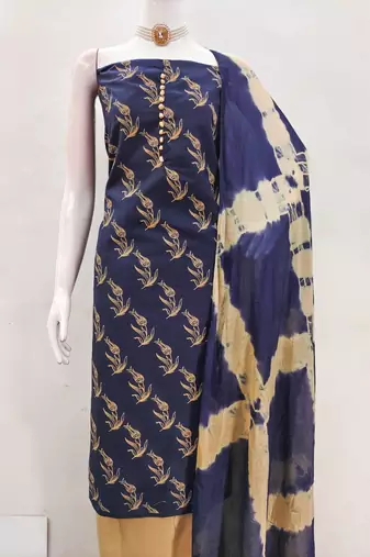 Blue printed cotton salwar suit material with tie-dye najmin dupatta