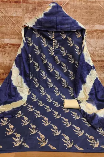 Blue printed cotton salwar suit material with tie-dye najmin dupatta