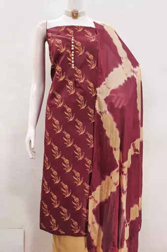 Maroon printed cotton salwar suit material with tie-dye najmin dupatta
