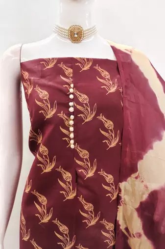 Maroon printed cotton salwar suit material with tie-dye najmin dupatta