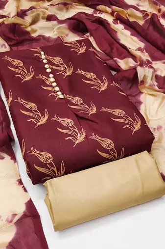 Maroon printed cotton salwar suit material with tie-dye najmin dupatta