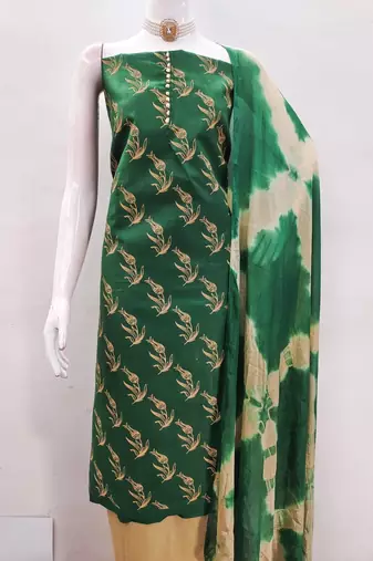 Green printed cotton salwar suit material with tie-dye najmin dupatta