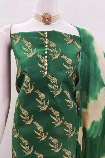 Green printed cotton salwar suit material with tie-dye najmin dupatta