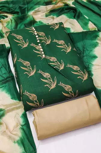 Green printed cotton salwar suit material with tie-dye najmin dupatta