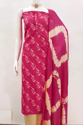 Pink printed cotton salwar suit material with tie-dye najmin dupatta