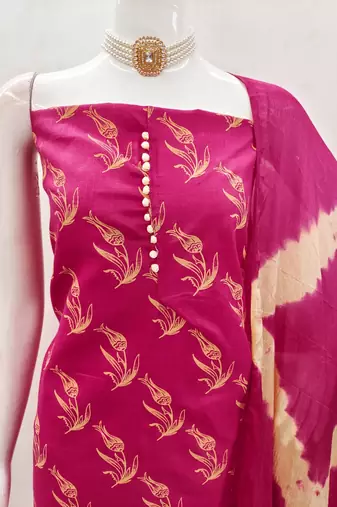 Pink printed cotton salwar suit material with tie-dye najmin dupatta