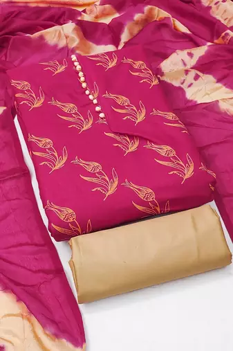 Pink printed cotton salwar suit material with tie-dye najmin dupatta