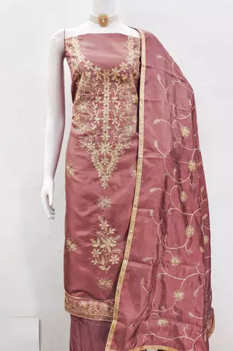 Dusty rose pink jalpari silk embroidered salwar suit material with santoon bottom