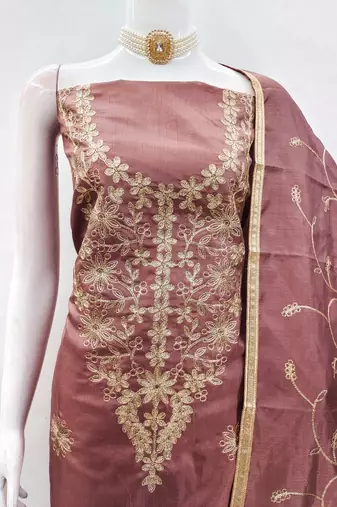 Dusty rose pink jalpari silk embroidered salwar suit material with santoon bottom