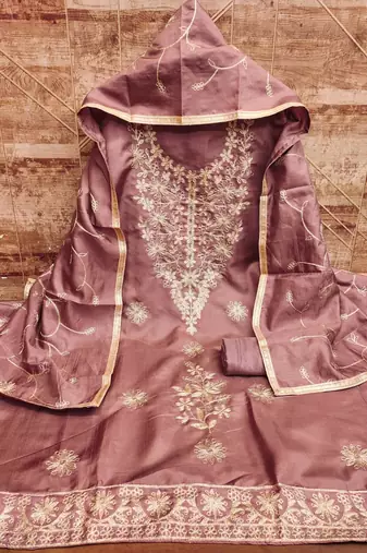 Dusty rose pink jalpari silk embroidered salwar suit material with santoon bottom