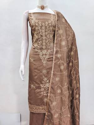 Light brown jalpari silk embroidered salwar suit material with santoon bottom 2