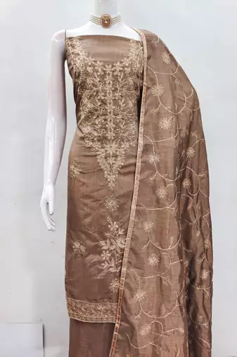 Light brown jalpari silk embroidered salwar suit material with santoon bottom
