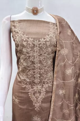 Light brown jalpari silk embroidered salwar suit material with santoon bottom