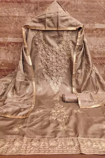 Light brown jalpari silk embroidered salwar suit material with santoon bottom