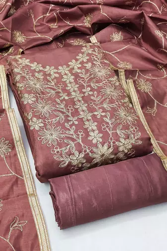 Dusty rose pink jalpari silk embroidered salwar suit material with santoon bottom