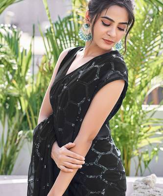 black sequin georgette saree with unstitched blouse 1
