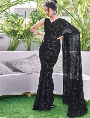 black sequin georgette saree with unstitched blouse 2