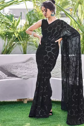 black sequin georgette saree with unstitched blouse