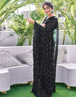 black sequin georgette saree with unstitched blouse 3