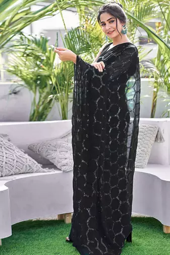 black sequin georgette saree with unstitched blouse