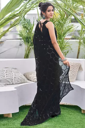 black sequin georgette saree with unstitched blouse