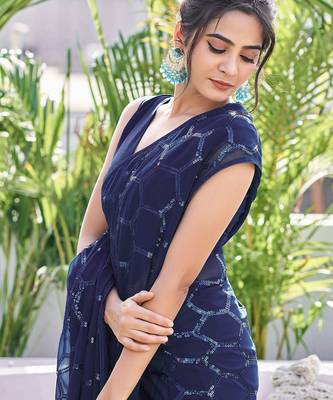blue sequin georgette saree with unstitched blouse 1