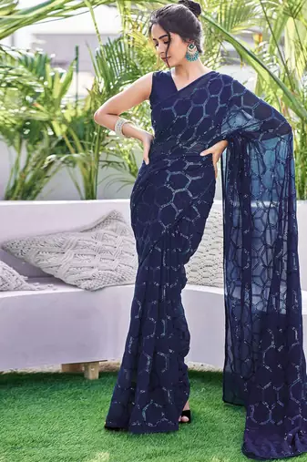 blue sequin georgette saree with unstitched blouse