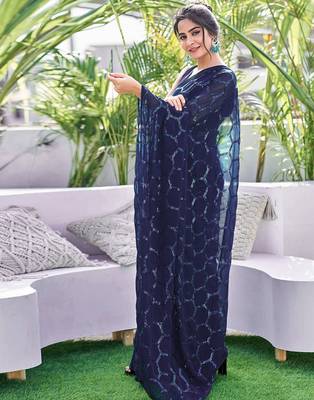 blue sequin georgette saree with unstitched blouse 3