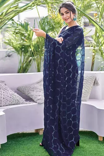 blue sequin georgette saree with unstitched blouse