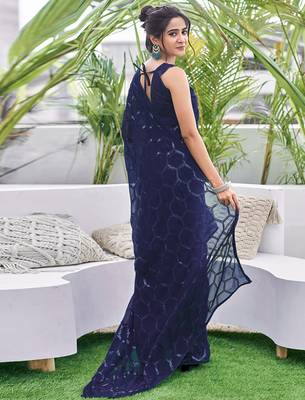 blue sequin georgette saree with unstitched blouse 4