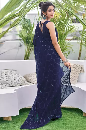 blue sequin georgette saree with unstitched blouse