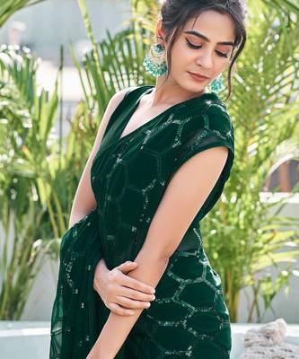 green sequin georgette saree with unstitched blouse 1