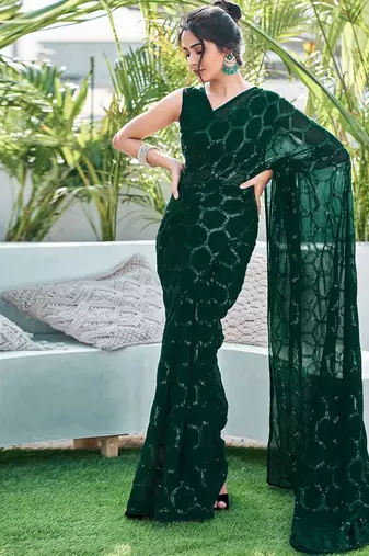 green sequin georgette saree with unstitched blouse
