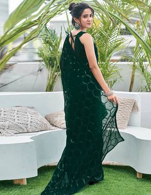 green sequin georgette saree with unstitched blouse 4