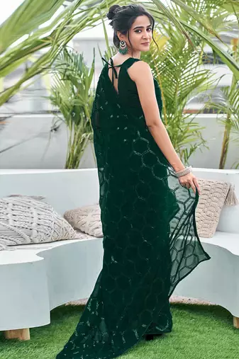 green sequin georgette saree with unstitched blouse