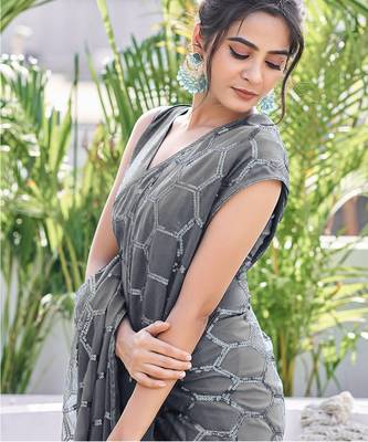 grey sequin georgette saree with unstitched blouse 1