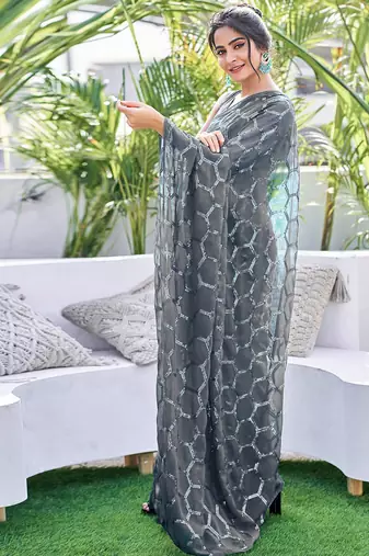 grey sequin georgette saree with unstitched blouse