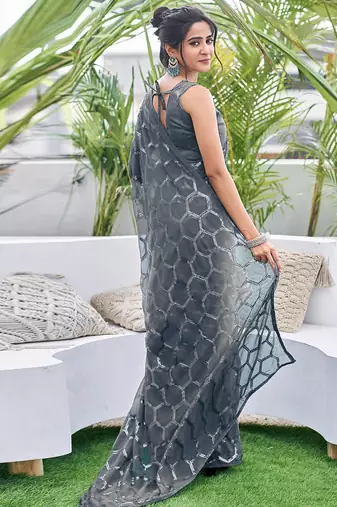 grey sequin georgette saree with unstitched blouse